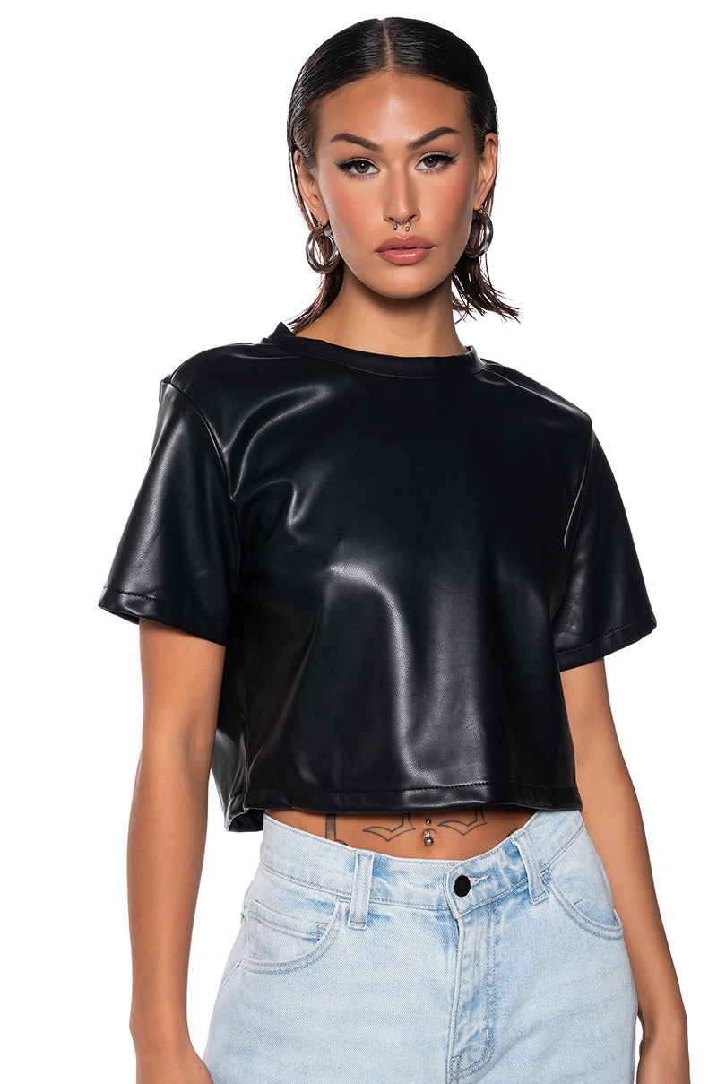 MY TYPE OPEN BACK FAUX LEATHER SHIRT – AKIRA