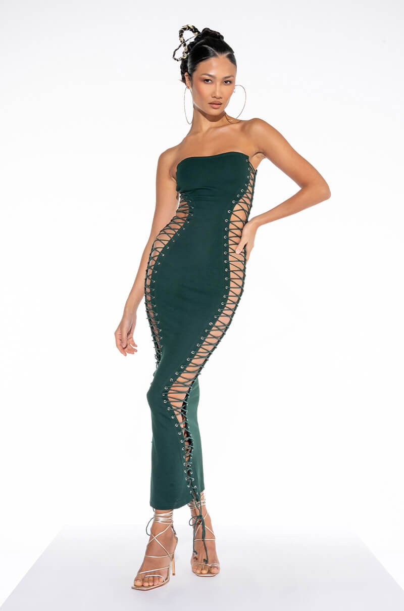 NEVER BORING LACE UP MIDI DRESS GREEN AKIRA NEVER BORING LACE UP MIDI DRESS GREEN AKIRA