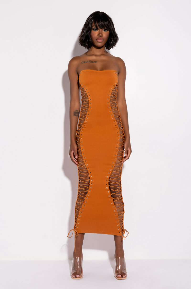 NEVER BORING LACE UP MIDI DRESS ORANGE AKIRA NEVER BORING LACE UP MIDI DRESS ORANGE AKIRA
