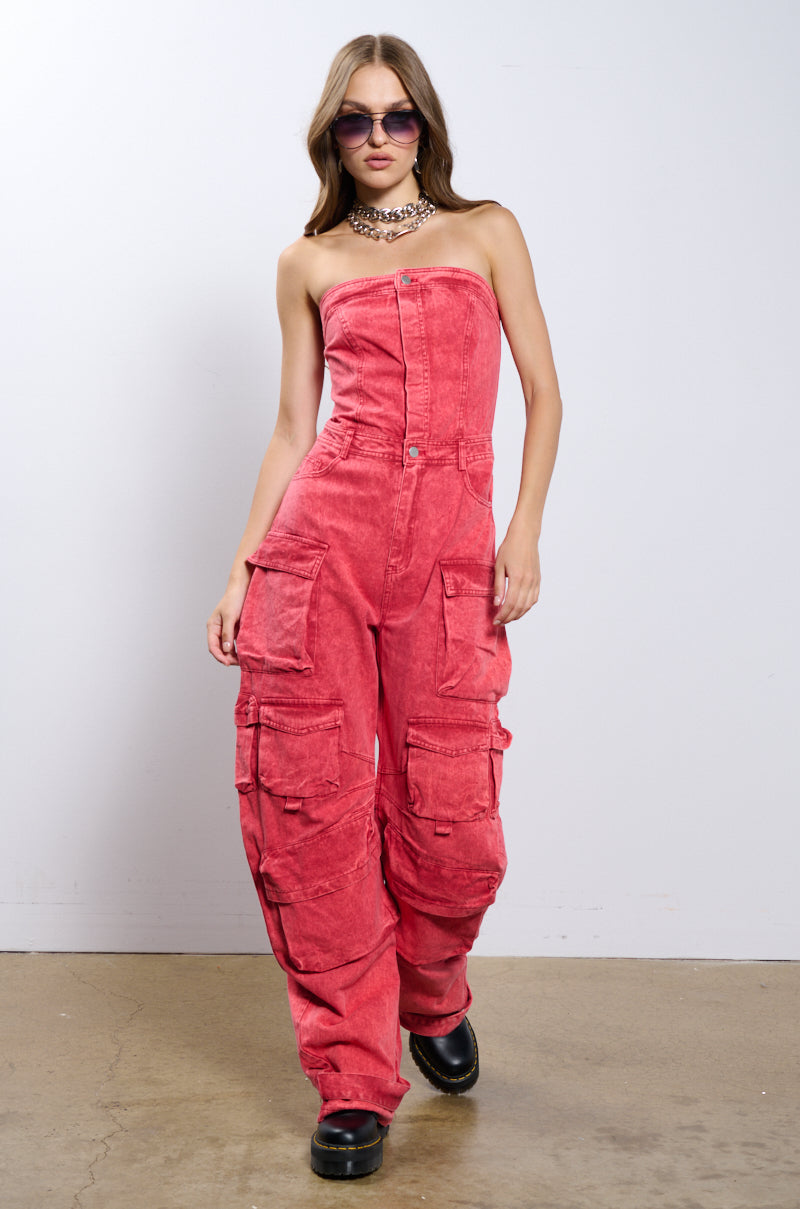 Back View No One Like Me Cargo Denim Jumpsuit In Red