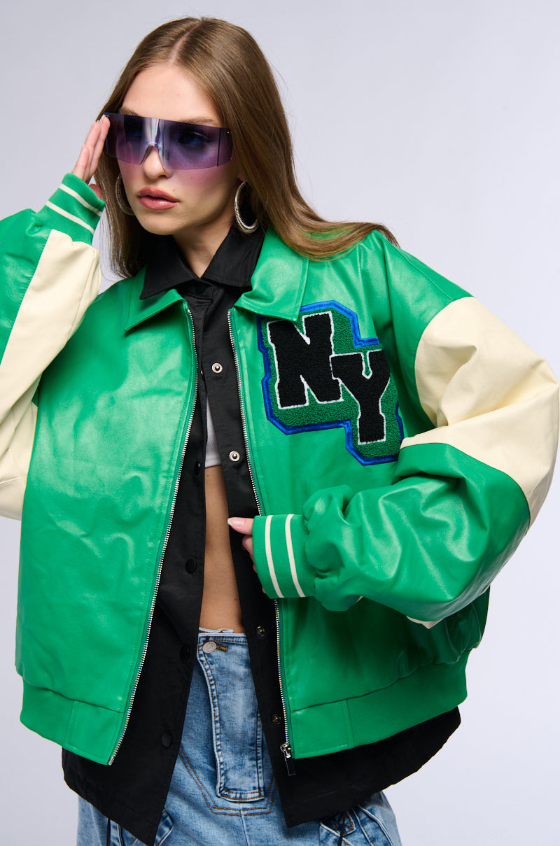 NUEVA YORK VARSITY PATCH FAUX LEATHER BOMBER JACKET view 0