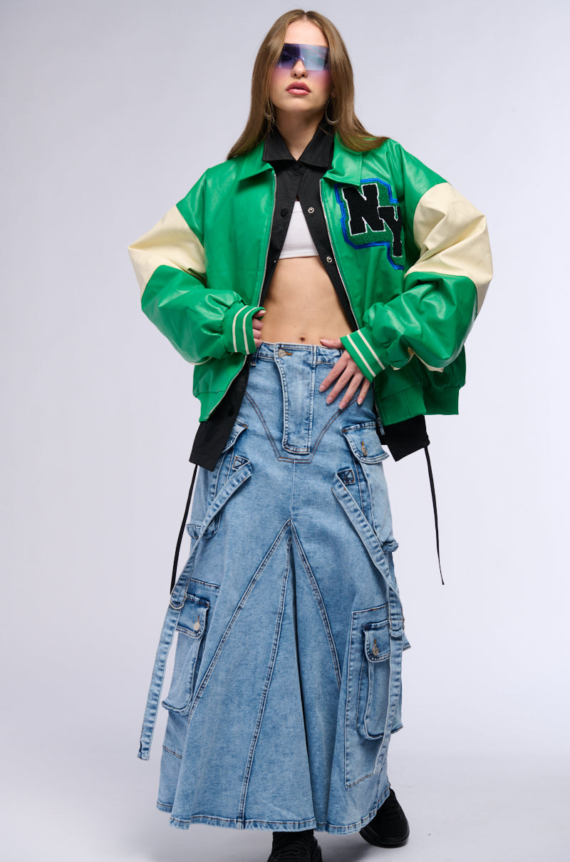 Extra View Nueva York Varsity Patch Faux Leather Bomber Jacket