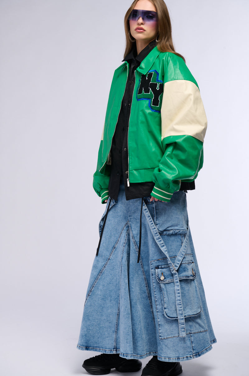 Extra View Nueva York Varsity Patch Faux Leather Bomber Jacket