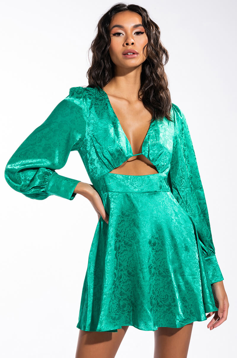 OCEAN DRIVE LONG SLEEVE CUTOUT SATIN MINI DRESS AKIRA OCEAN DRIVE LONG SLEEVE CUTOUT SATIN MINI DRESS AKIRA