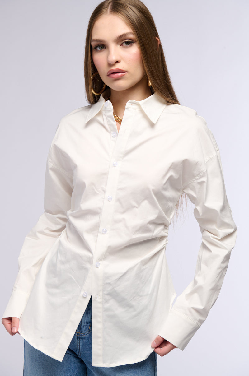 Side View Oliva Cinched Waist Poplin Button Down