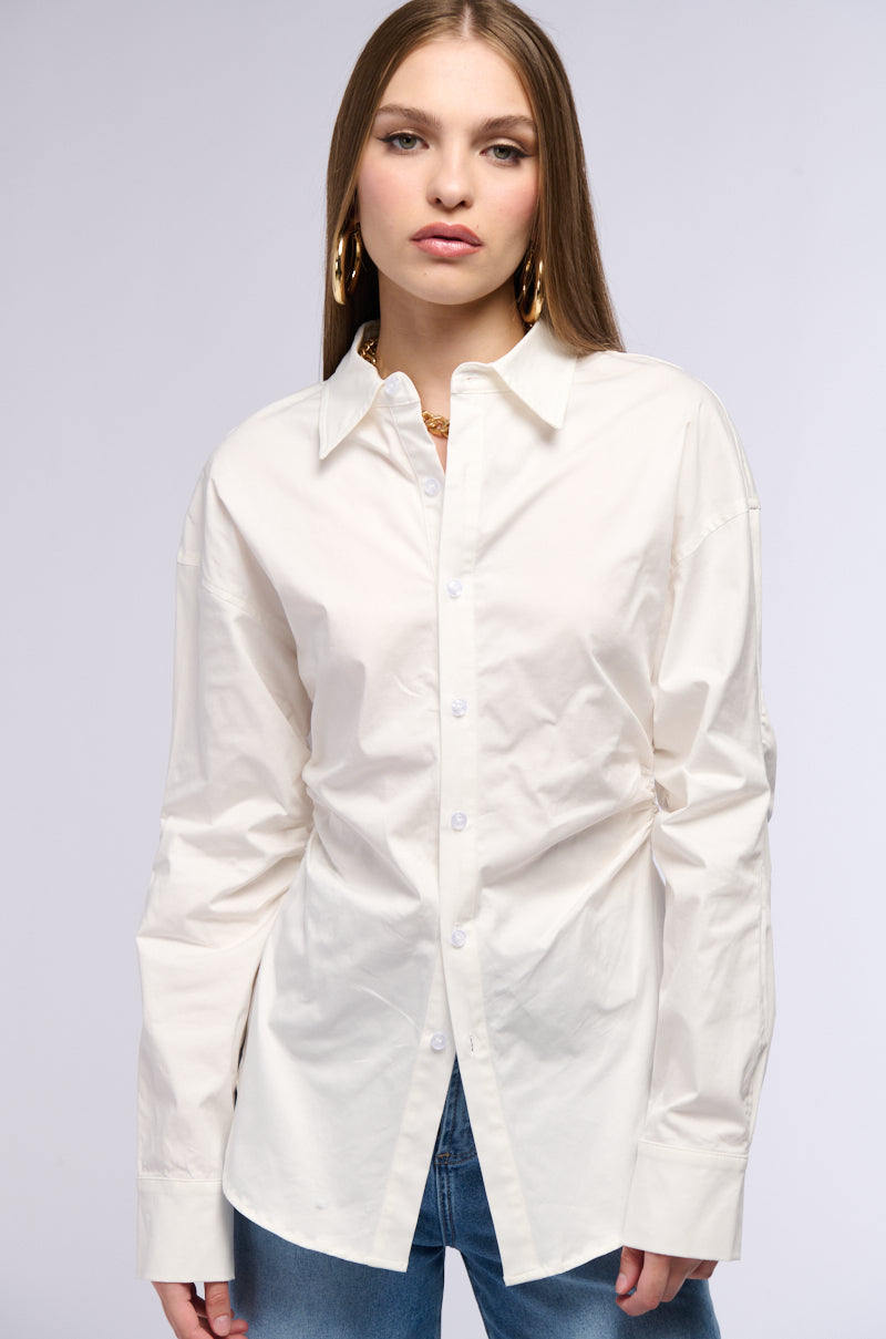 Back View Oliva Cinched Waist Poplin Button Down