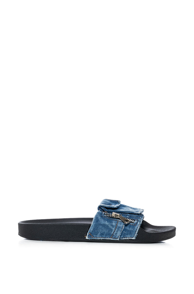 Back View Omg Cargo Denim Flat Sandal In Blue