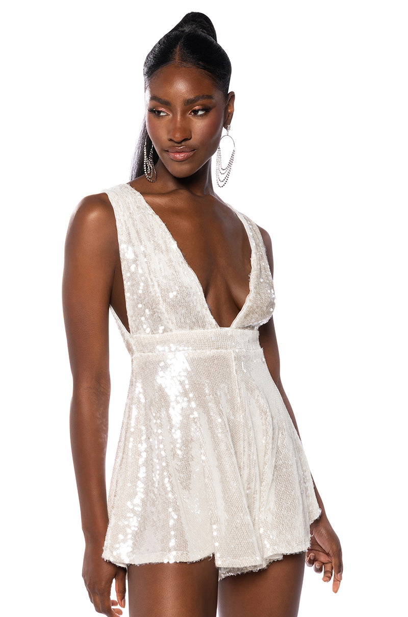 LYLA SLEEVELESS SEQUIN ROMPER IN WHITE AKIRA LYLA SLEEVELESS SEQUIN ROMPER IN WHITE AKIRA