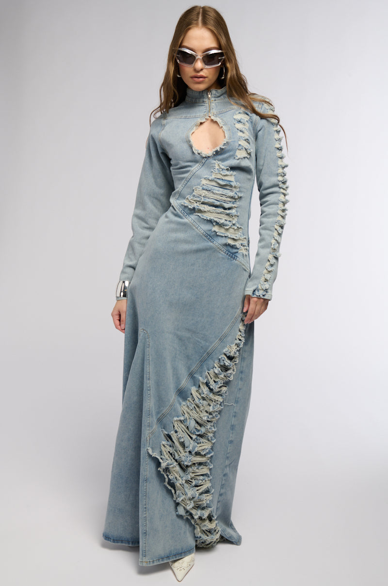 ON THE EDGE DISTRESSED DENIM MAXI DRESS AKIRA ON THE EDGE DISTRESSED DENIM MAXI DRESS AKIRA