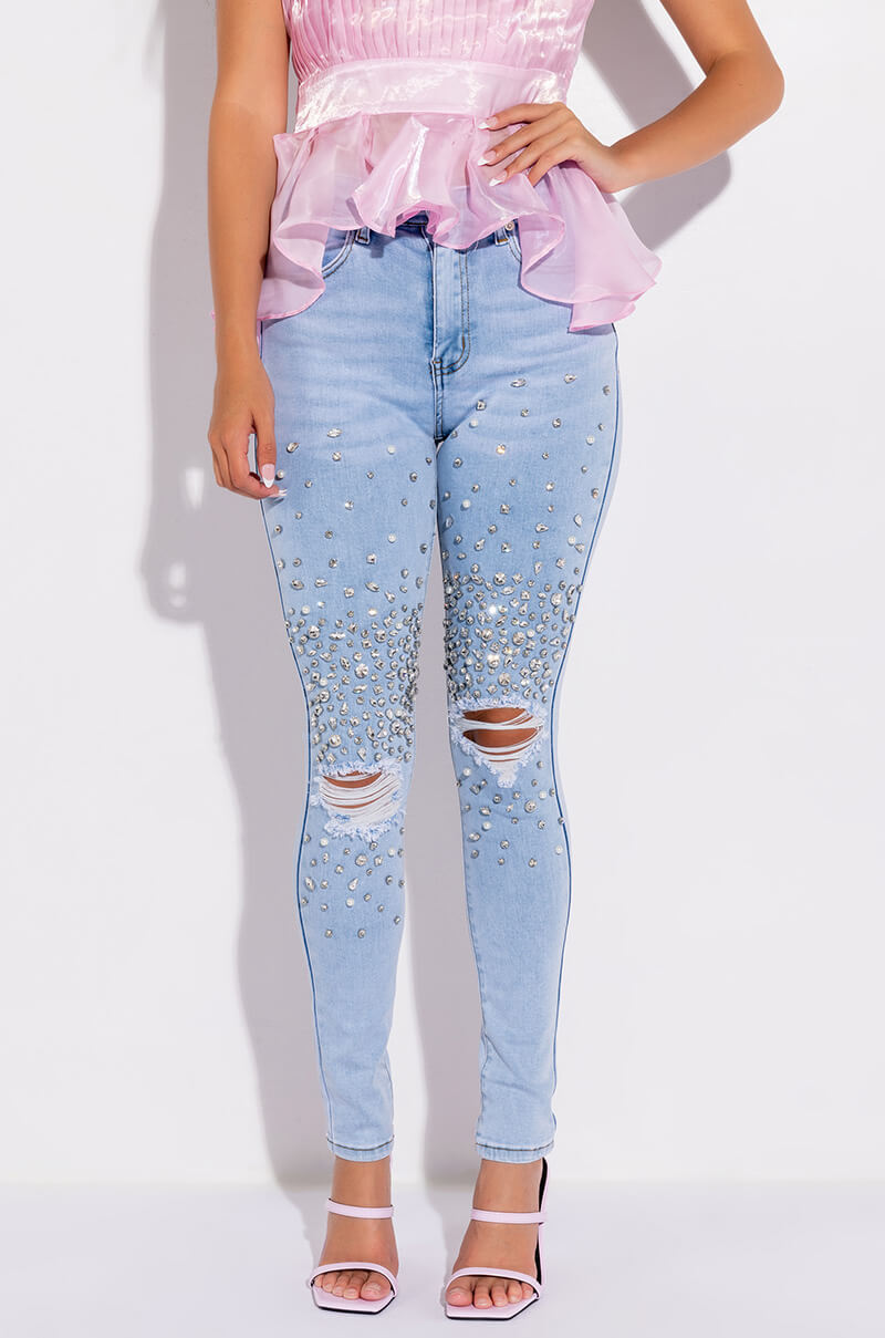 Front View Outta This World Distressed Rhinestone High Rise Skinny Jeans