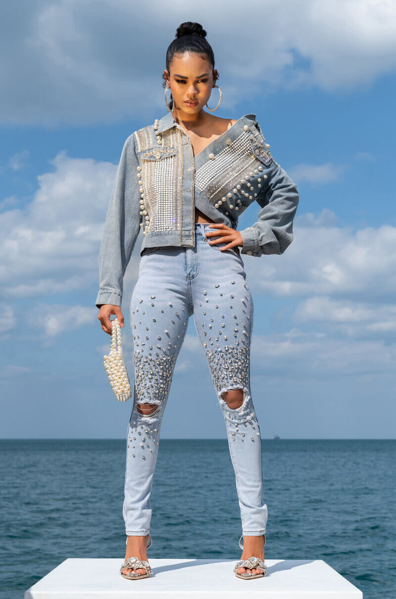Side View Outta This World Distressed Rhinestone High Rise Skinny Jeans