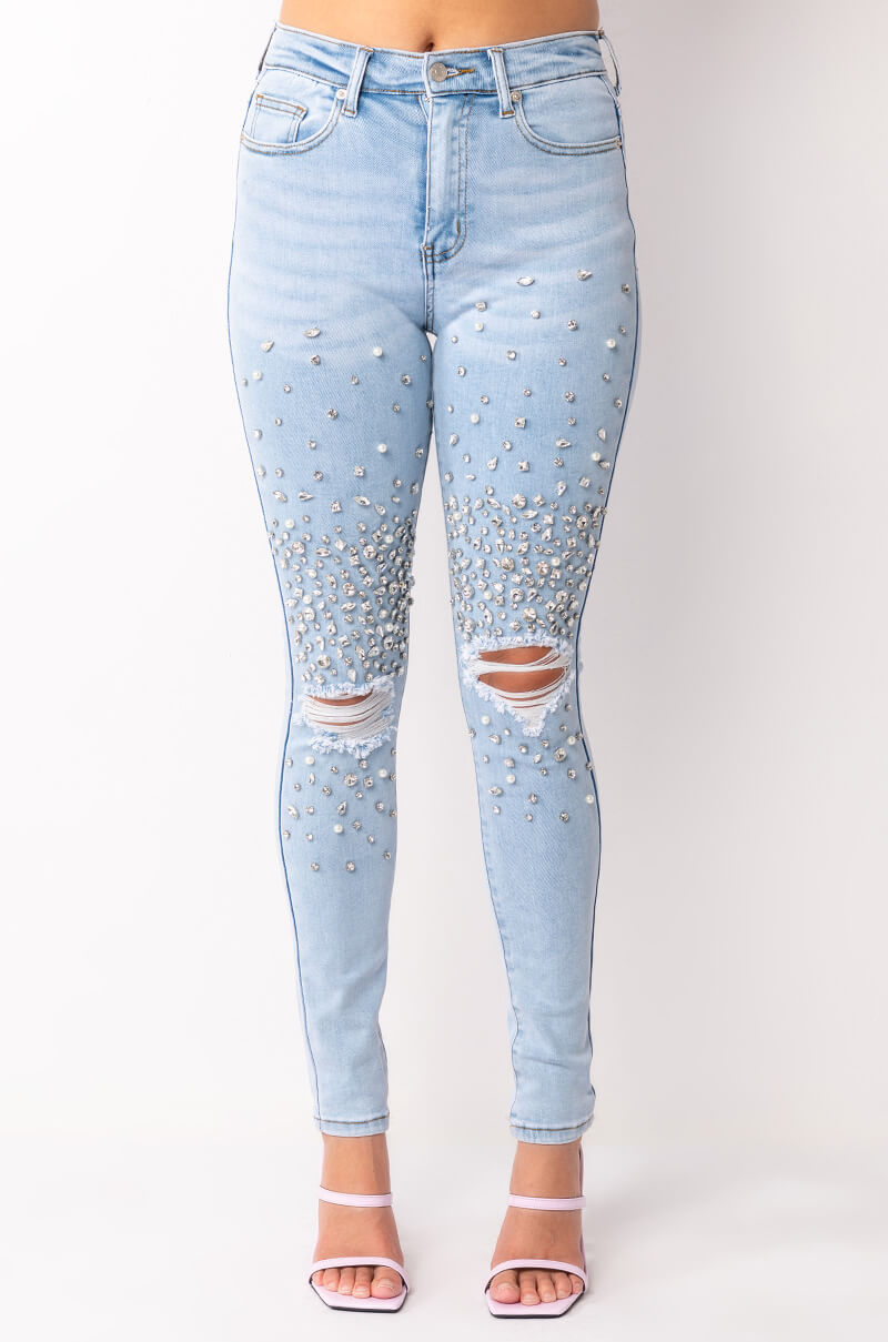 Detail View Outta This World Distressed Rhinestone High Rise Skinny Jeans