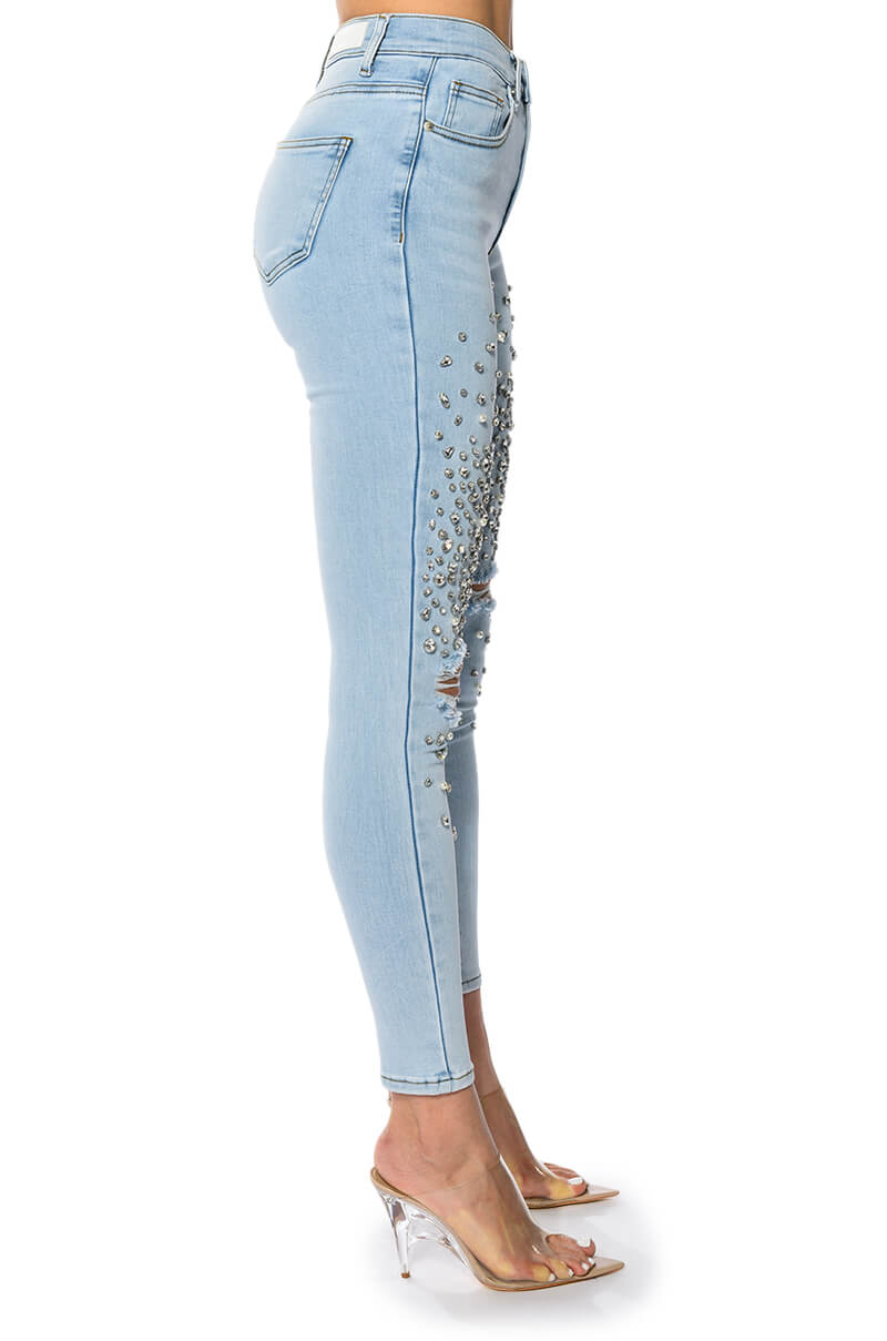 Extra View Outta This World Distressed Rhinestone High Rise Skinny Jeans