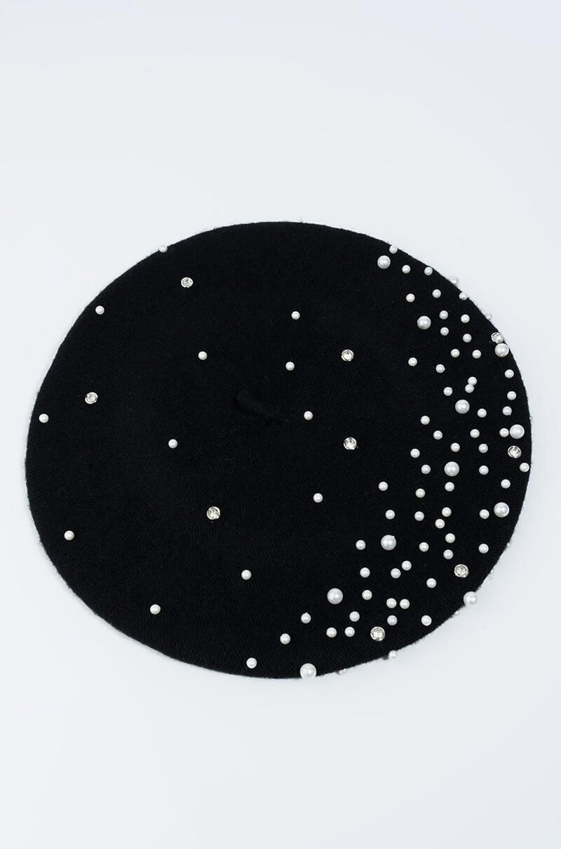 Back View Pearl Beaded Beret in Black