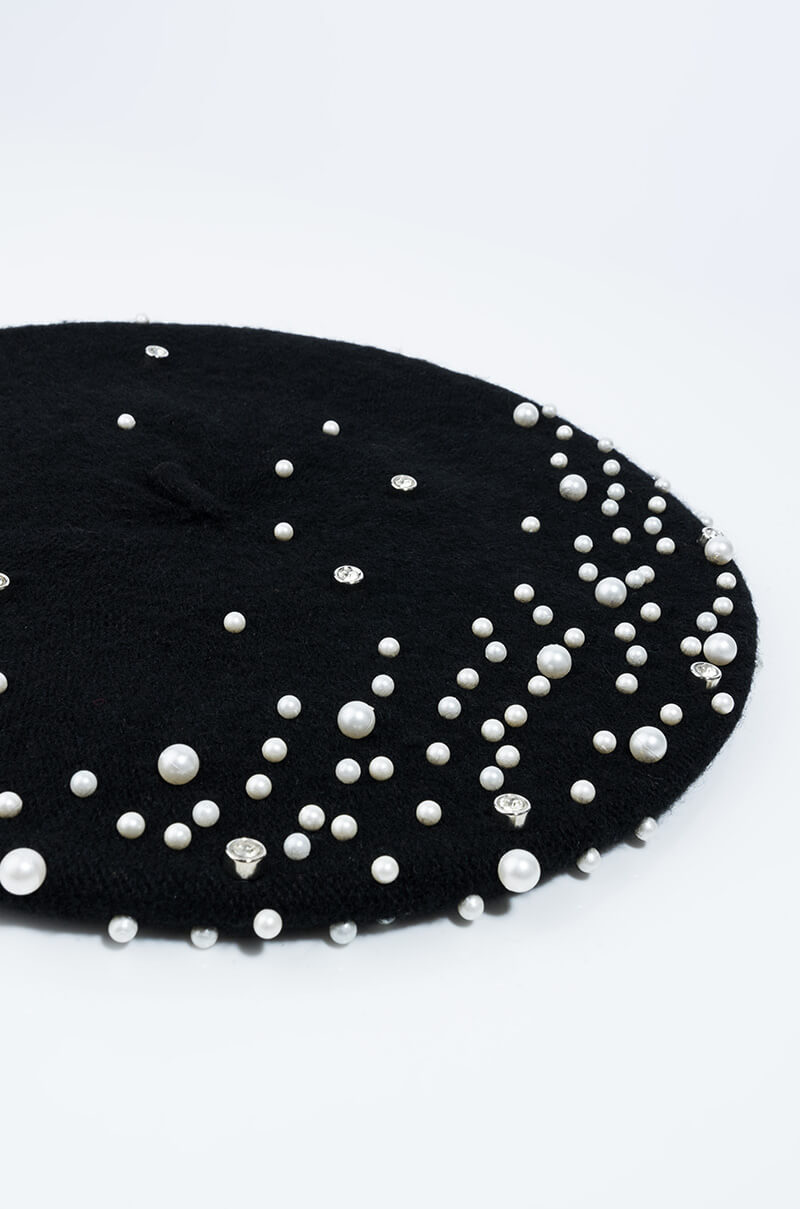 Detail View Pearl Beaded Beret in Black