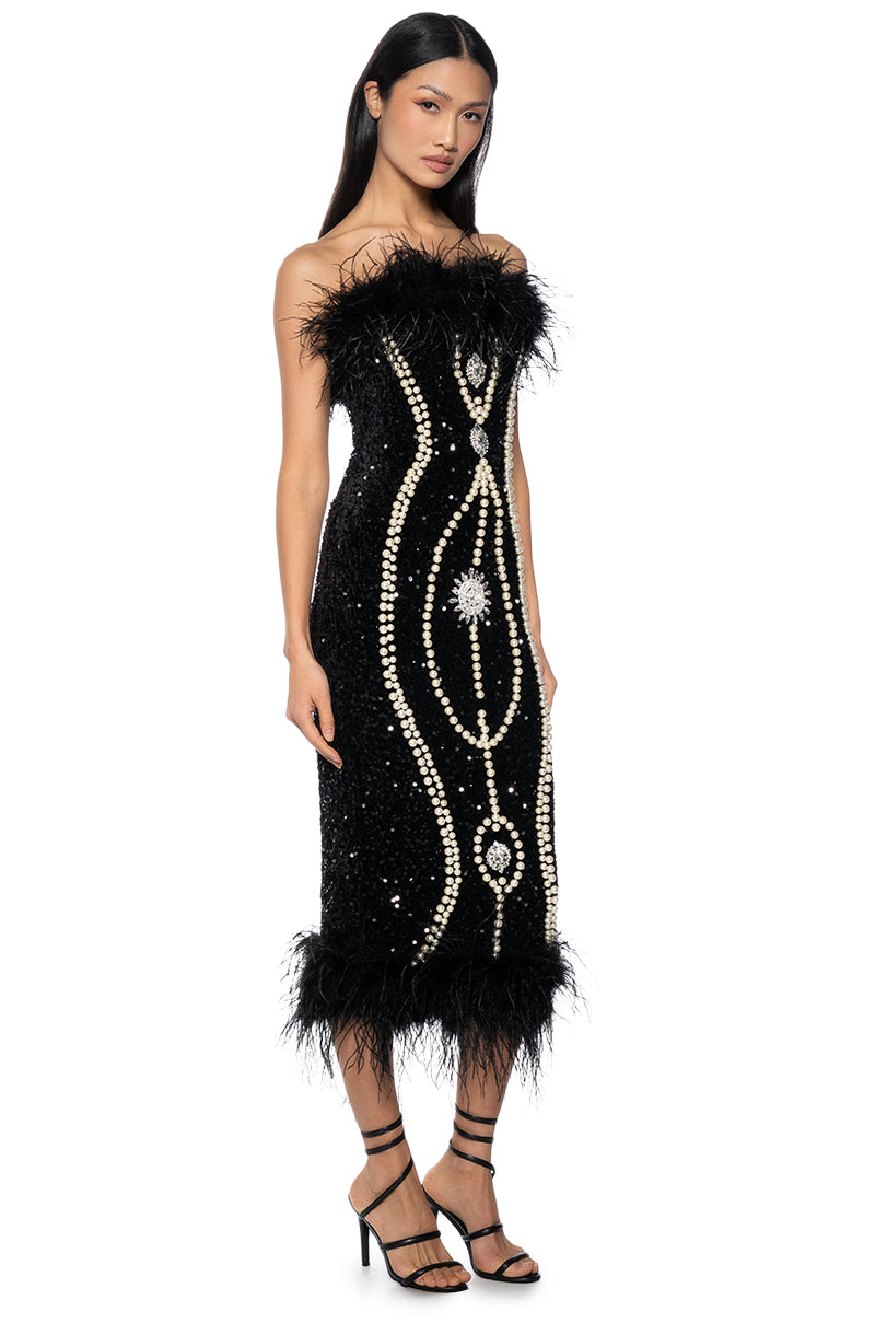 Side View Pearlescent Strapless Embellished Bodycon Midi Dress