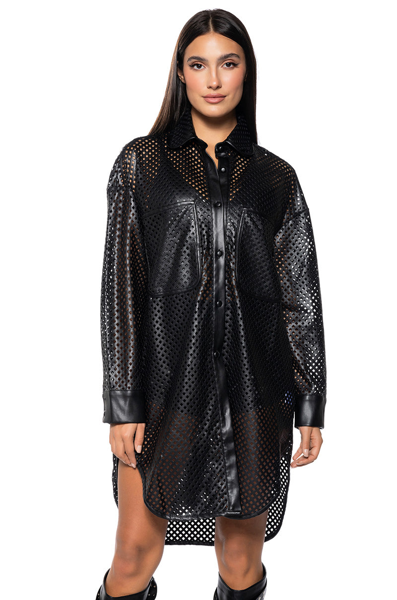 LASER CUT VEGAN LEATHER BUTTON DOWN DRESS AKIRA LASER CUT VEGAN LEATHER BUTTON DOWN DRESS AKIRA