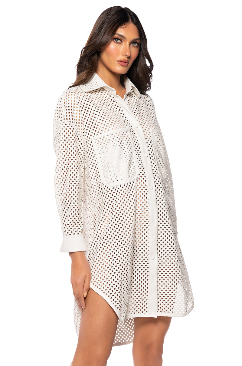 PICNIC MODE LASER CUT FAUX LEATHER BUTTON DOWN MINI DRESS IN WHITE AKIRA PICNIC MODE LASER CUT FAUX LEATHER BUTTON DOWN MINI DRESS IN WHITE AKIRA
