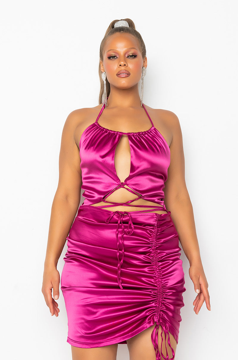 PLUS 50 SHADES OF SLAY LACE UP SATIN RUCHED MINI DRESS FUCHSIA AKIRA PLUS 50 SHADES OF SLAY LACE UP SATIN RUCHED MINI DRESS FUCHSIA AKIRA