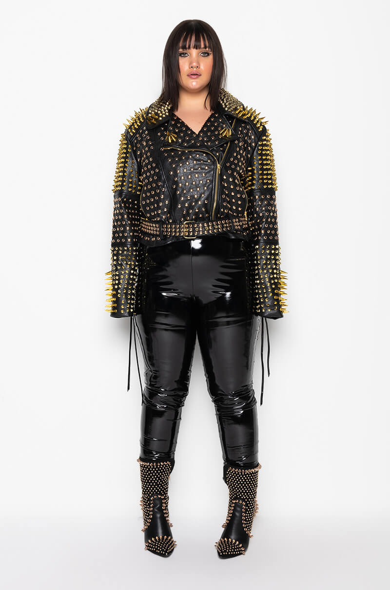 Extra View Plus Azalea Wang Lucifer Gold Spike Stud Moto Jacket