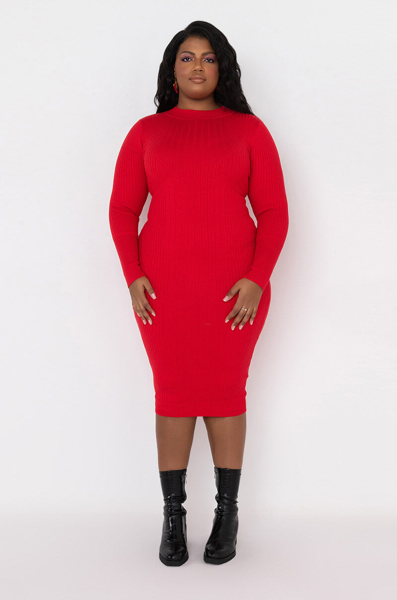 PLUS MEGAN SWEATER RIBBED OPEN BACK MIDI DRESS RED AKIRA PLUS MEGAN SWEATER RIBBED OPEN BACK MIDI DRESS RED AKIRA