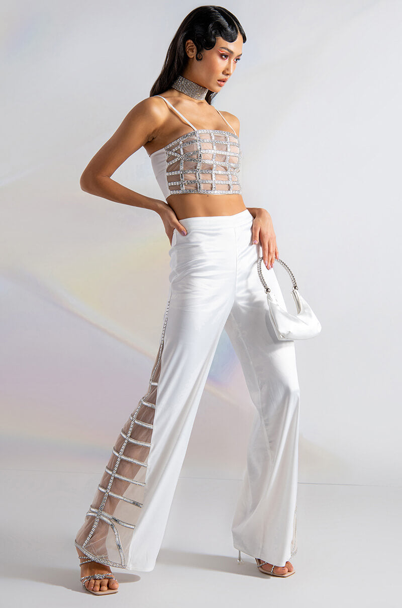 Side View Premier Rhinestone Mesh Panel Satin Wide Leg Pant