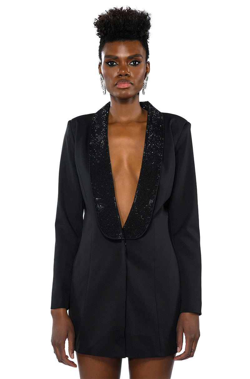 Side View Prettiest Problem Embellished Deep V Blazer Mini Dress