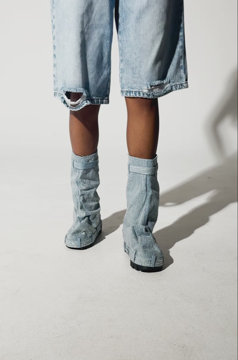 AZALEA WANG ANGELA RHINESTONED DENIM FLAT BOOTIE – AKIRA