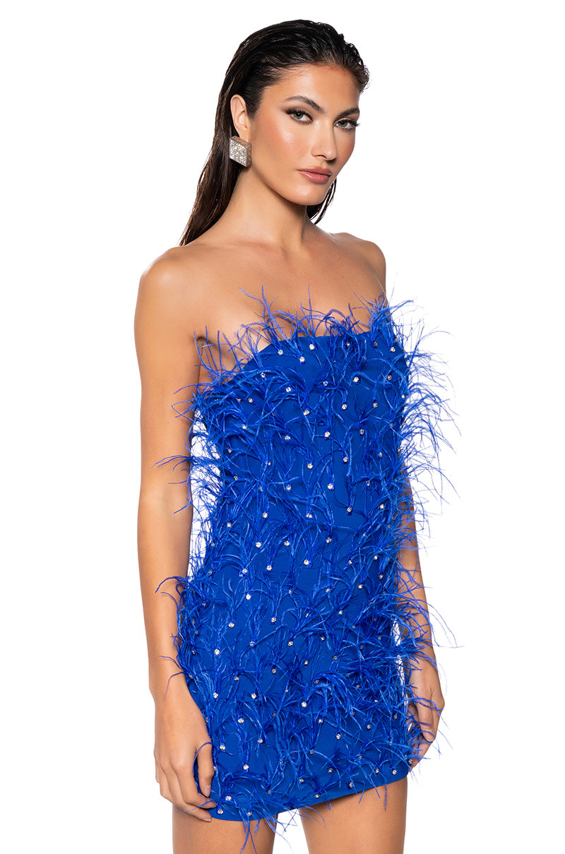 PRIMROSE STRAPLESS EMBELLISHED FEATHER MINI DRESS IN BLUE AKIRA PRIMROSE STRAPLESS EMBELLISHED FEATHER MINI DRESS IN BLUE AKIRA