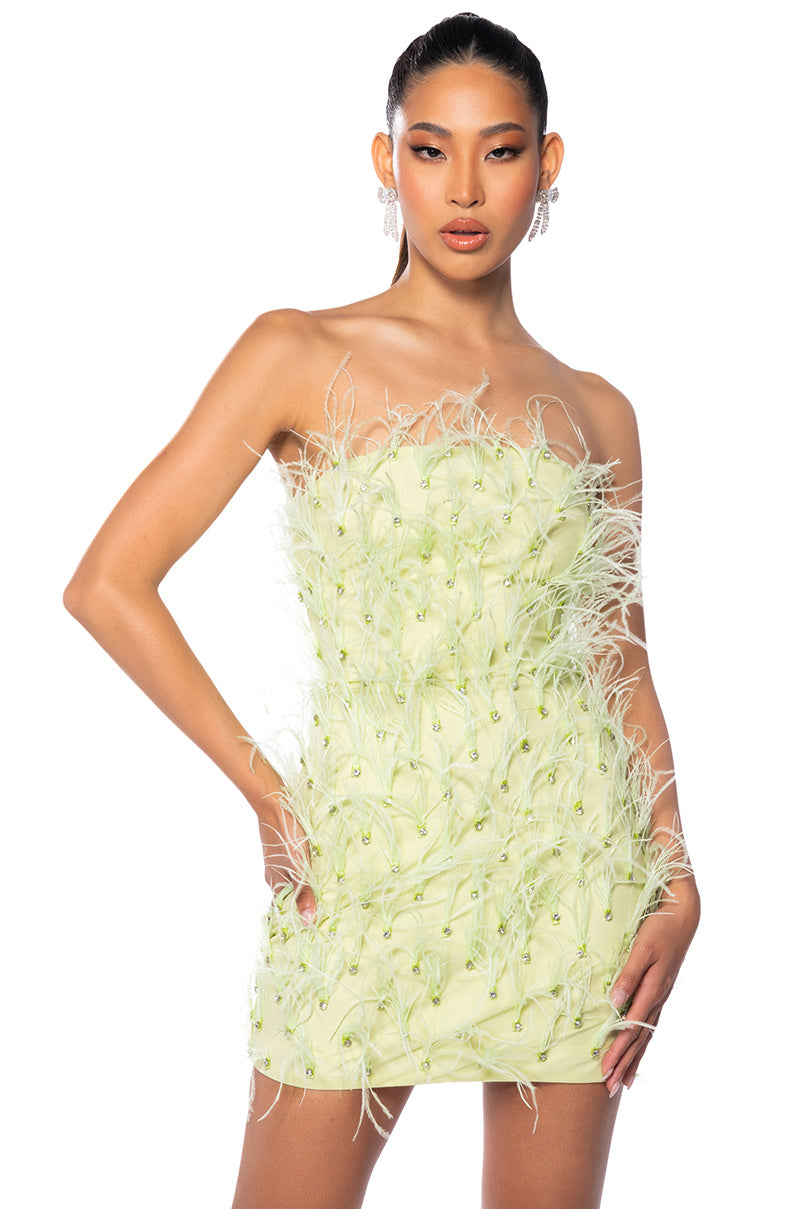 PRIMROSE STRAPLESS FEATHER MINI DRESS AKIRA PRIMROSE STRAPLESS FEATHER MINI DRESS AKIRA