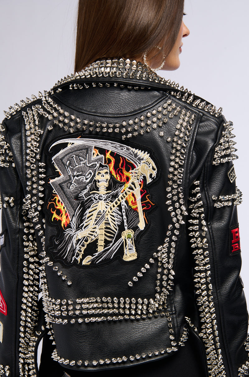 Extra View Punk Rock Studded Patchwork Moto Jacket