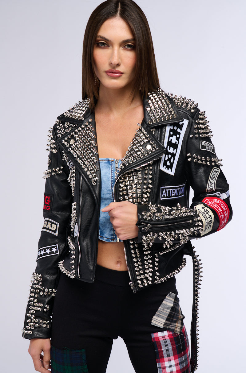 Side View Punk Rock Studded Patchwork Moto Jacket