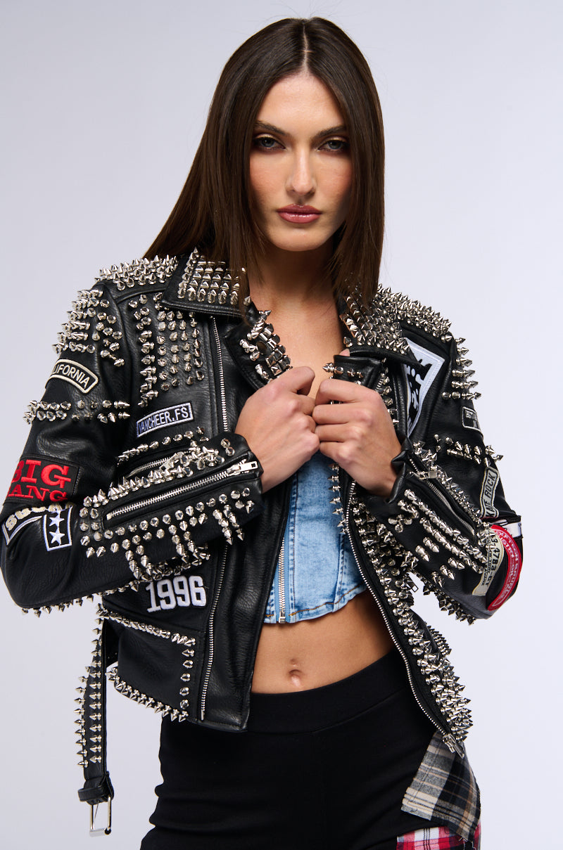 Back View Punk Rock Studded Patchwork Moto Jacket