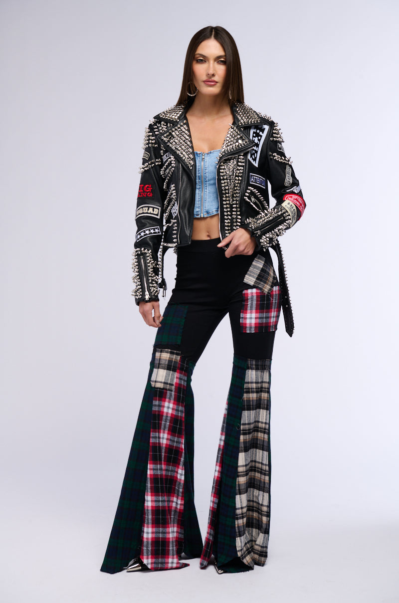 Extra View Punk Rock Studded Patchwork Moto Jacket
