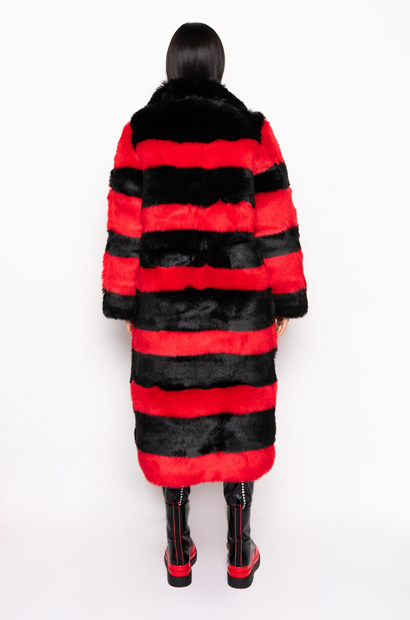 Extra View Reddy For It Red And Black Faux Fur Long Jacket