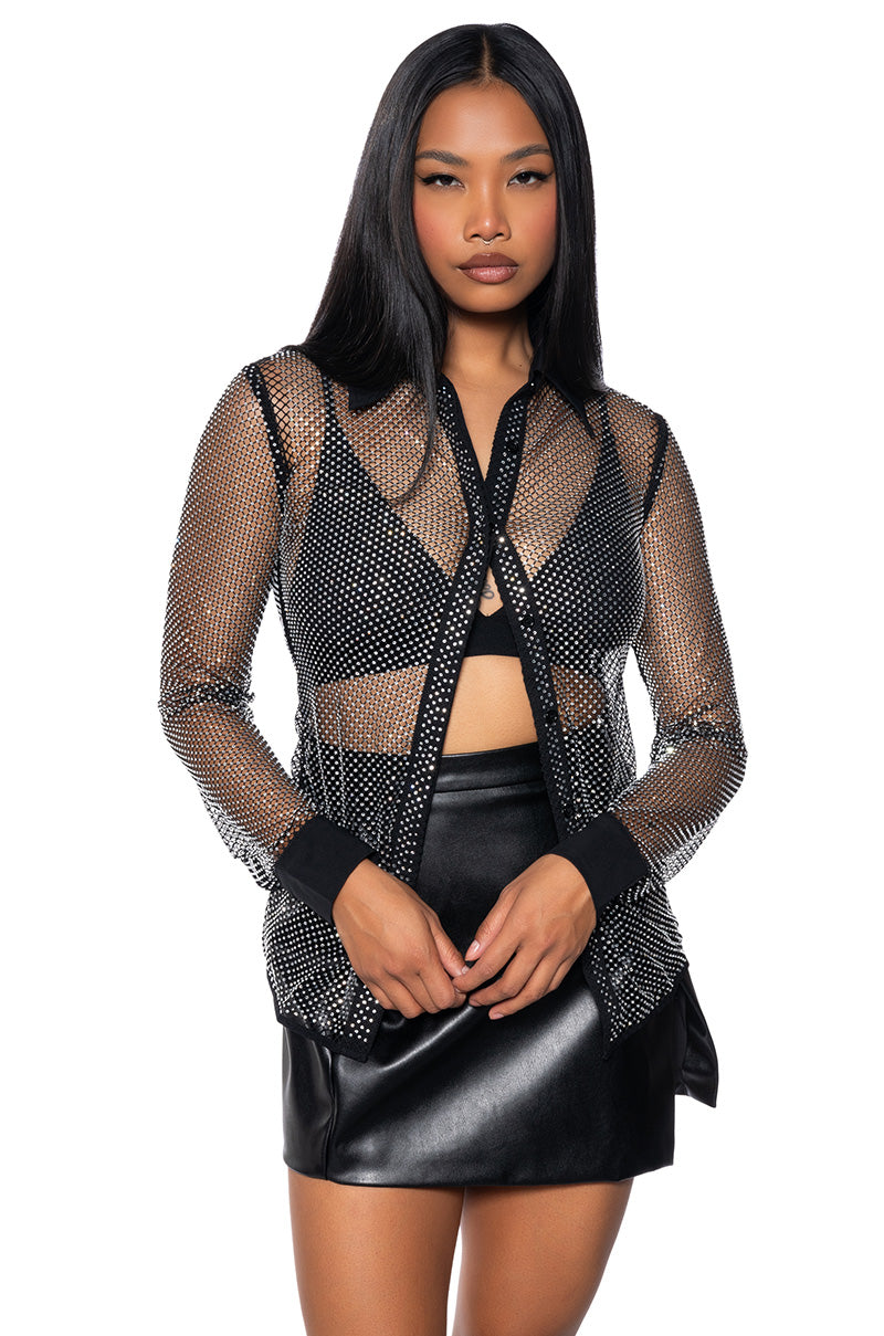 RHINESTONE MESH BUTTON DOWN SHIRT IN BLACK view 0