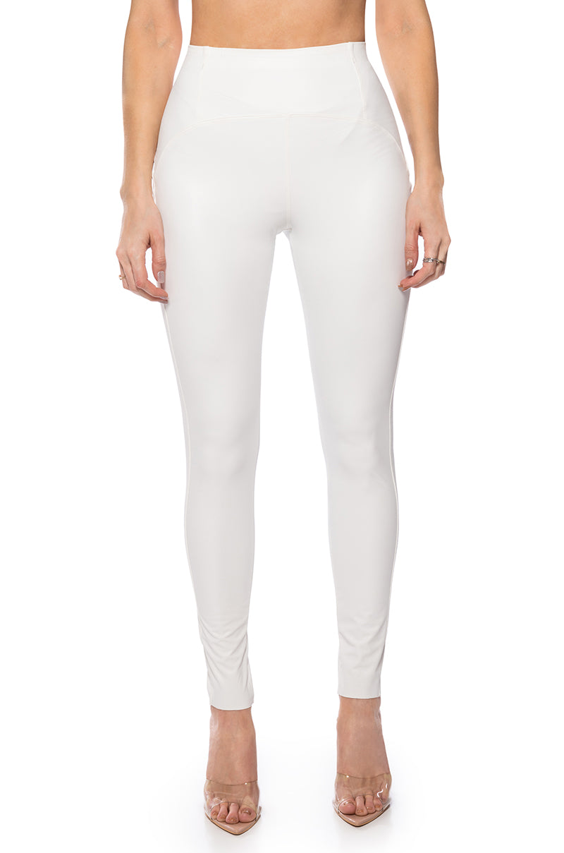 Front View Rio High Rise Legging With 4 Way Stretch In White