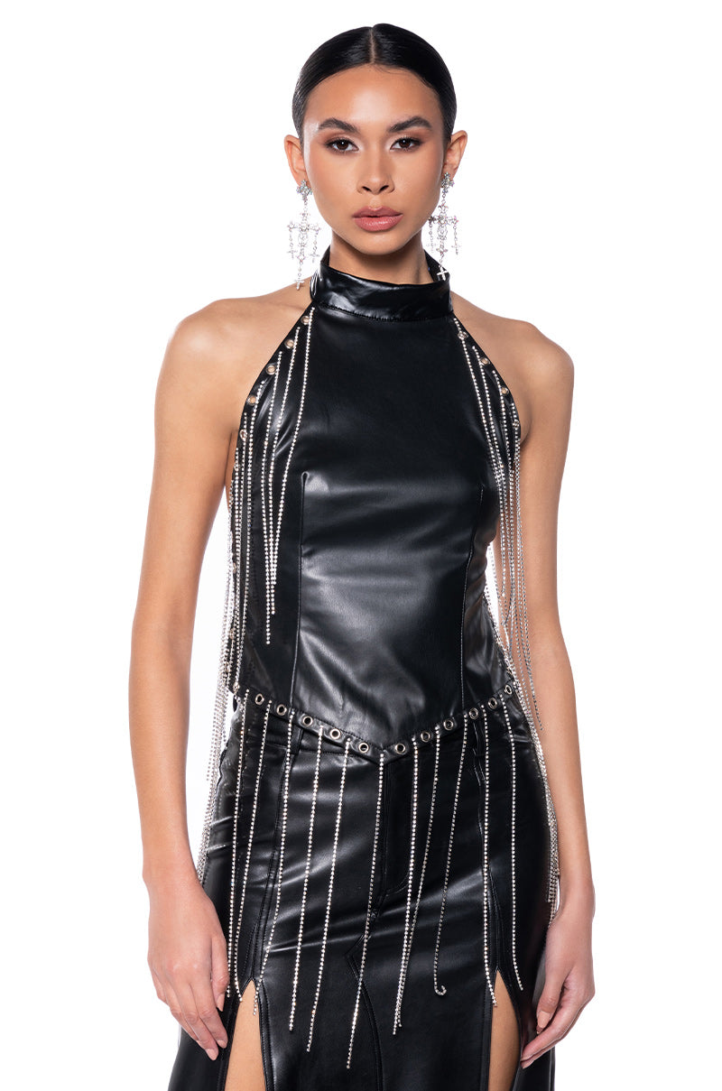 ROXANNE FAUX LEATHER RHINESTONE FRINGE HALTER TOP AKIRA ROXANNE FAUX LEATHER RHINESTONE FRINGE HALTER TOP AKIRA