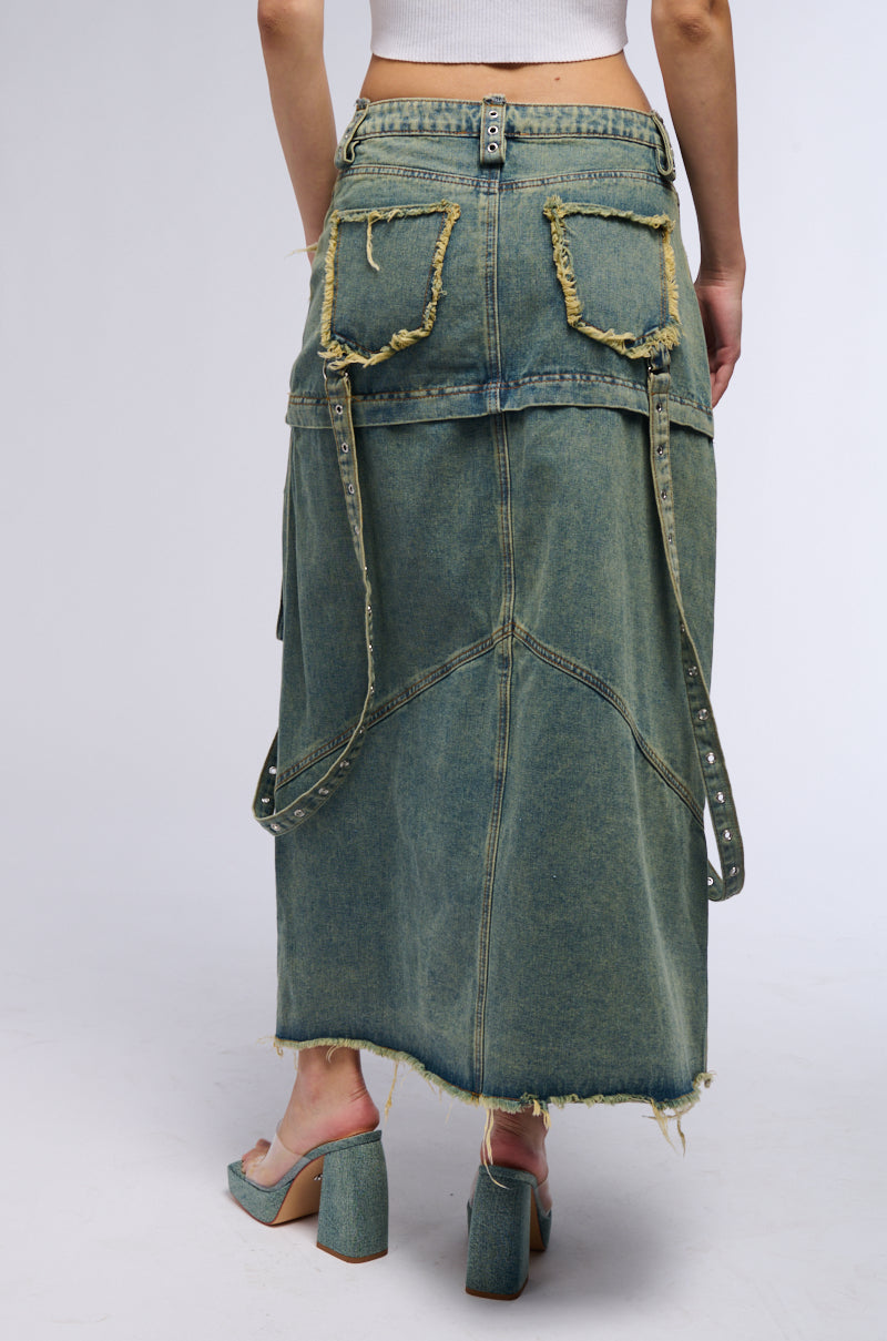 Back View Say It Again Distressed Maxi Denim Skirt