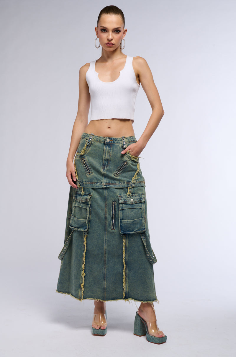 Detail View Say It Again Distressed Maxi Denim Skirt