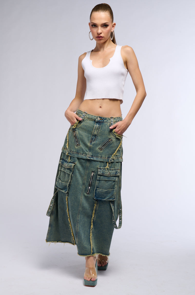 Full View Say It Again Distressed Maxi Denim Skirt