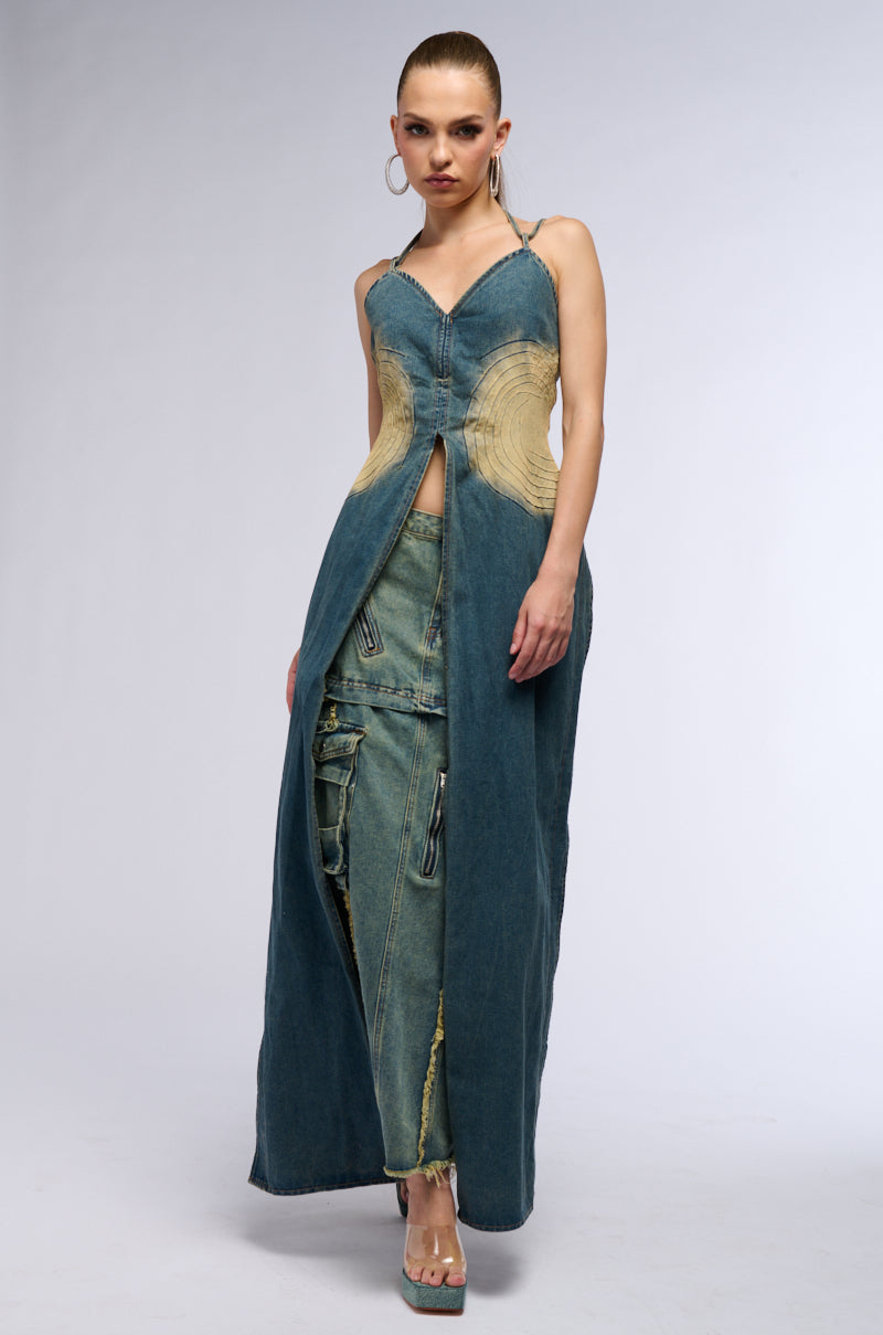 Extra View Say It Again Distressed Maxi Denim Skirt