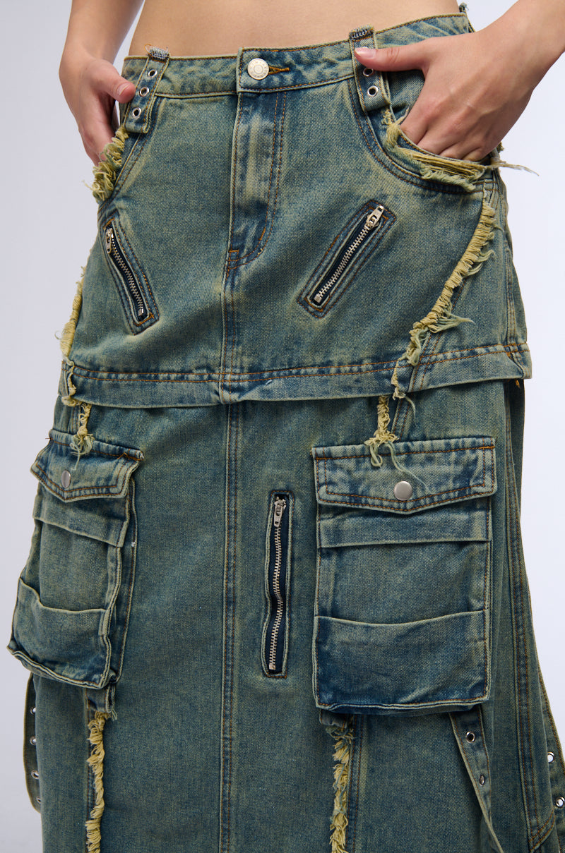 Extra View Say It Again Distressed Maxi Denim Skirt