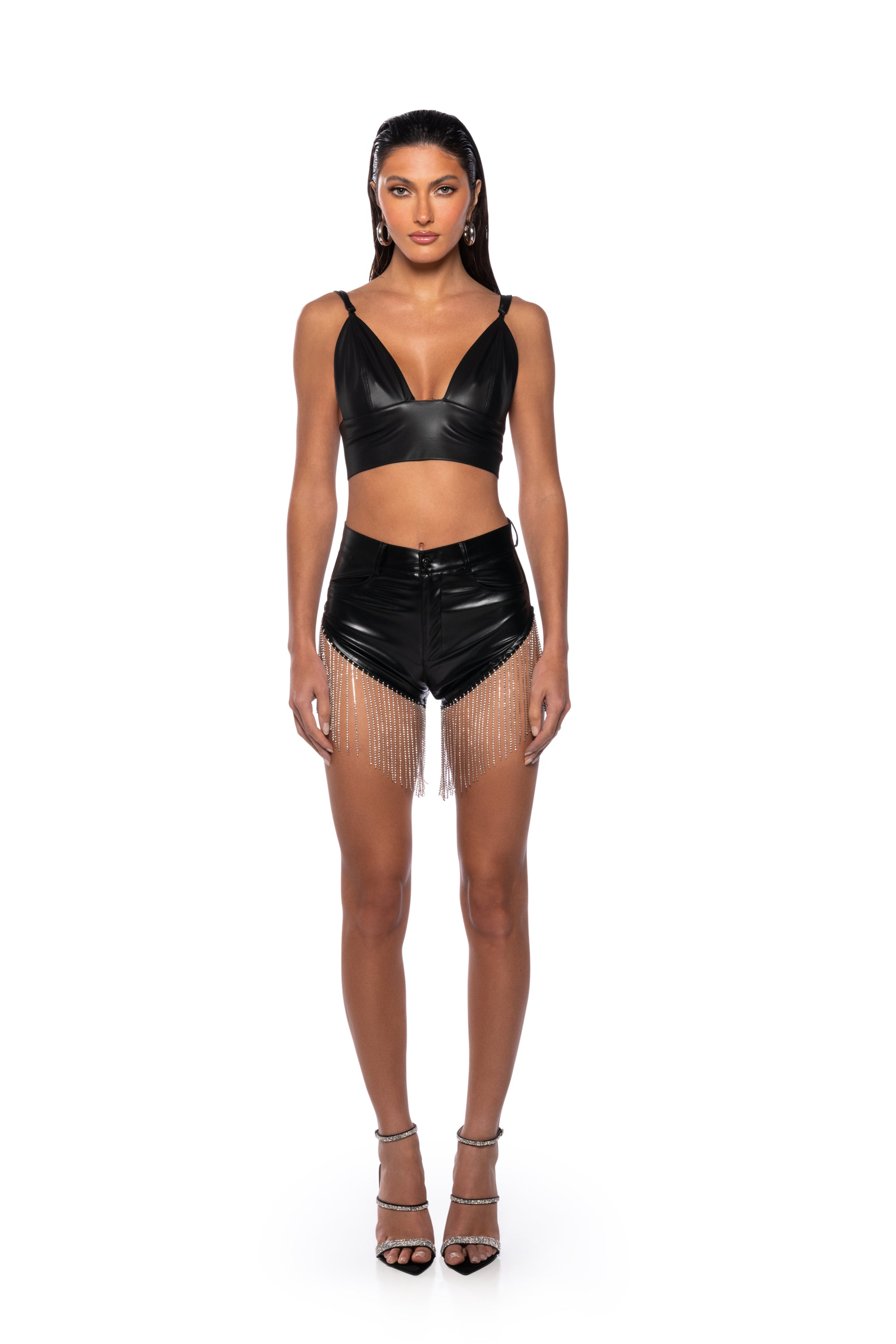 Extra View Shake A Tail Feather Rhinestone Fringe Shorts