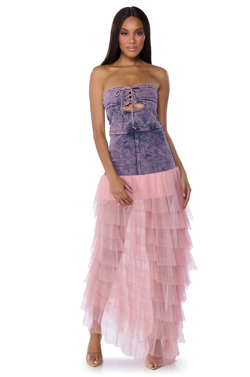 SHARPAY RUFFLE DENIM MAXI DRESS AKIRA SHARPAY RUFFLE DENIM MAXI DRESS AKIRA