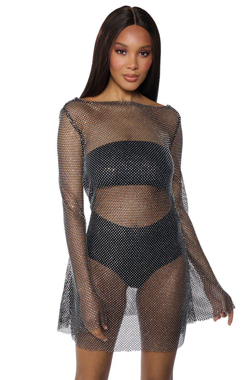 SHE ALL THAT RHINESTONE MESH MINI DRESS IN BLACK view 0