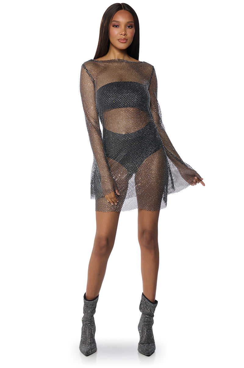 Back View She All That Rhinestone Mesh Mini Dress In Black