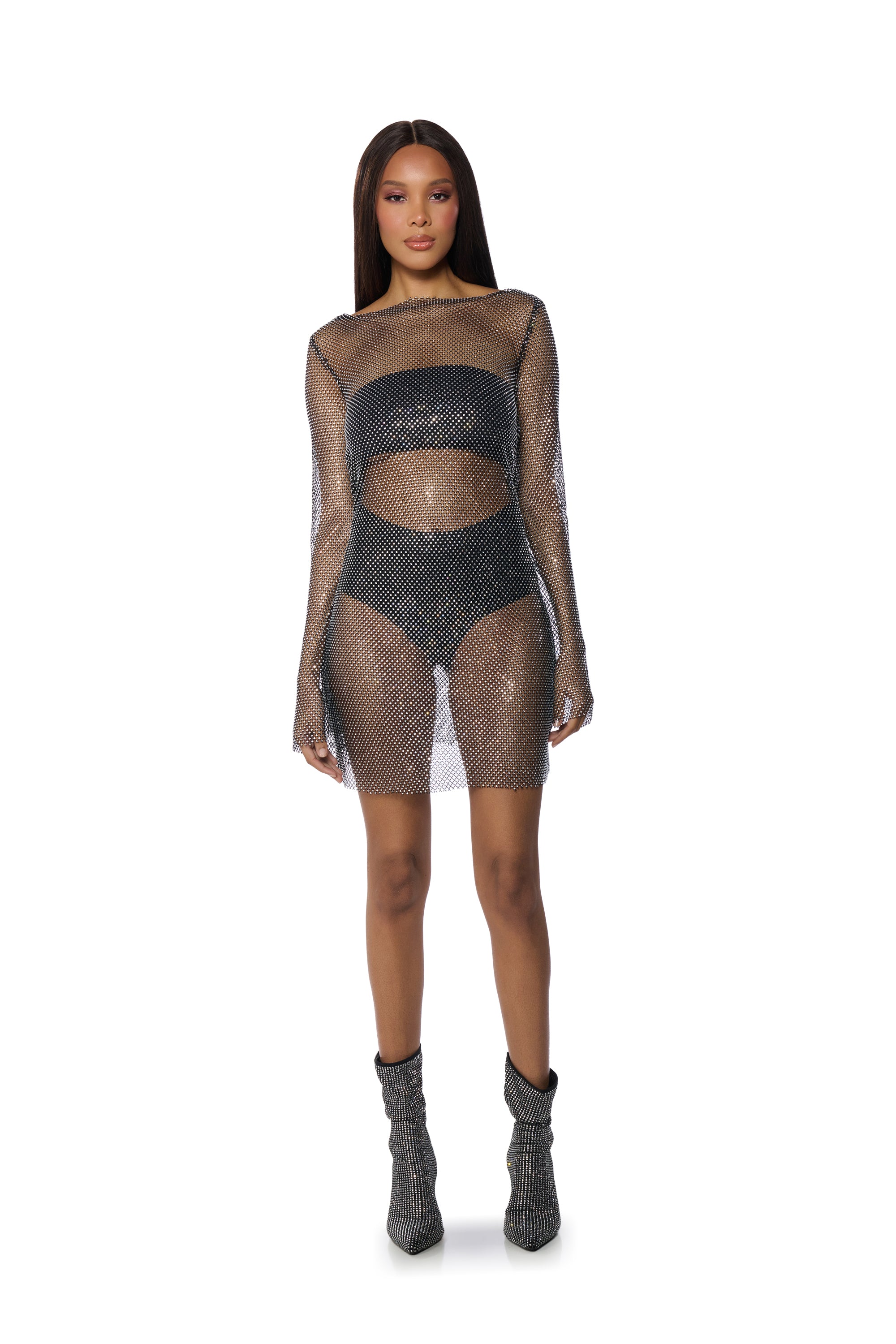 Extra View She All That Rhinestone Mesh Mini Dress In Black