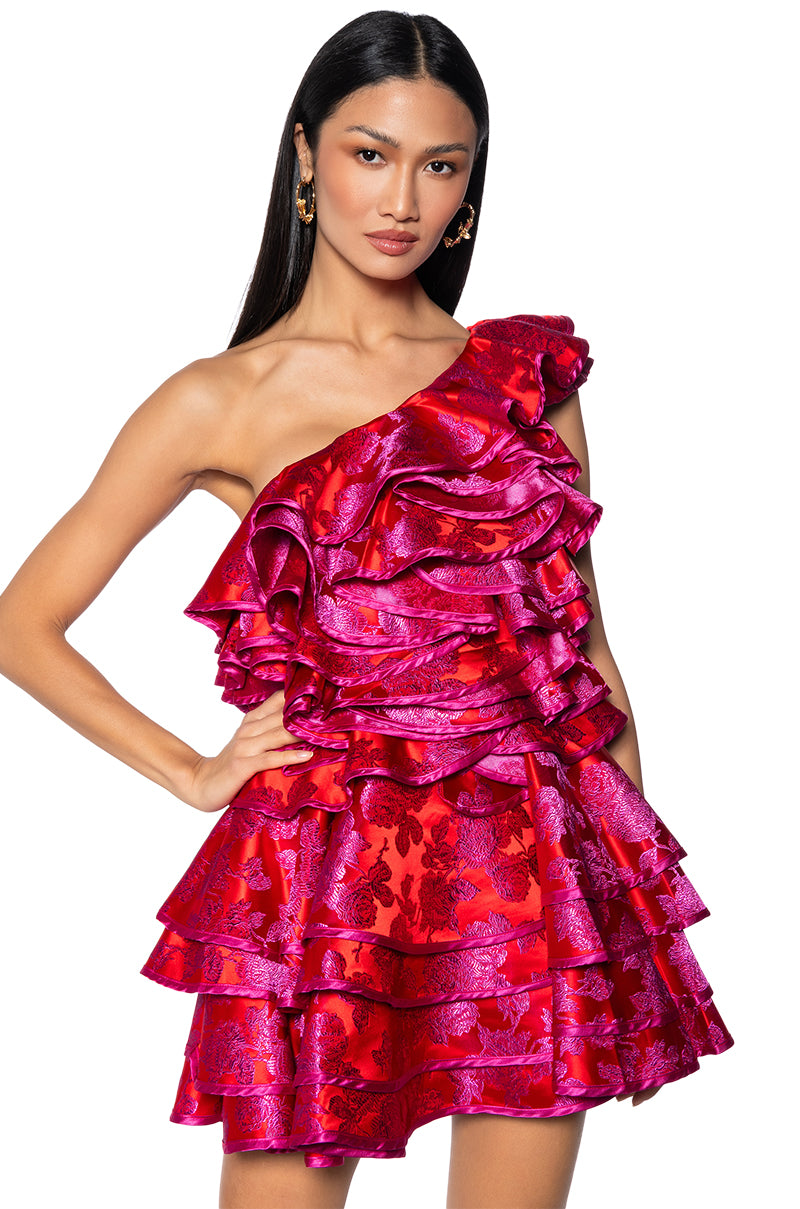 SHE IS BEAUTY BROCADE RUFFLE MINI DRESS AKIRA SHE IS BEAUTY BROCADE RUFFLE MINI DRESS AKIRA