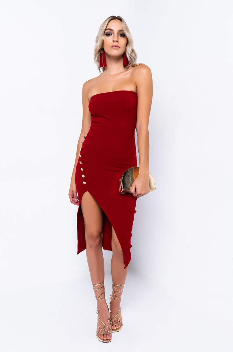 SHOOT FOR THE STARS CROSS FRONT STRAPLESS MIDI DRESS BURGUNDY AKIRA SHOOT FOR THE STARS CROSS FRONT STRAPLESS MIDI DRESS BURGUNDY AKIRA